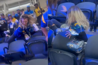 A Rams fan takes a frightening tumble down several rows after attempting to kick another spectator, triggering a wild and chaotic scene inside the stadium.