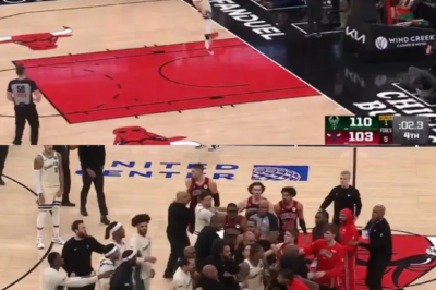 Giannis Antetokounmpo’s late windmill dunk ignites Bulls fury, sparking a benches-clearing confrontation in a wild, tension-filled finish.