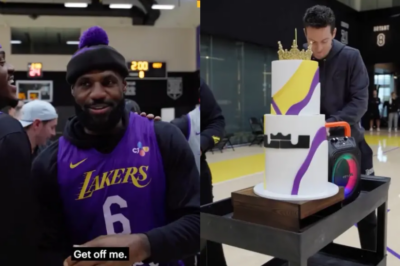 LeBron James gets cake and a birthday serenade during his 41st-birthday Lakers workout, turning practice into a celebratory scene with teammates.