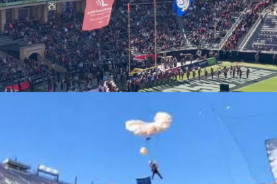 In a frightening scene, a parachutist becomes trapped in netting and falls into the crowd at the Rice–Texas State game prompting shock and concern now