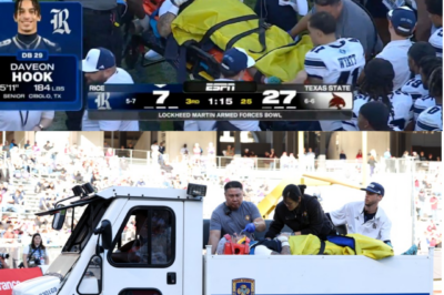 Fear and silence sweep the stadium as a college football star is rushed to the hospital in a neck brace after a terrifying injury in the Armed Forces Bowl